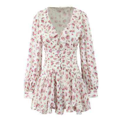 2025 Women White Pink Flower Print Puff Long Sleeve Dress Open Buttons Wood ears Ruffles Hem Mini Shirt Dresses Holiday Robe