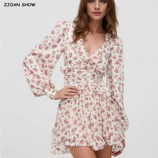 2025 Women White Pink Flower Print Puff Long Sleeve Dress Open Buttons Wood ears Ruffles Hem Mini Shirt Dresses Holiday Robe