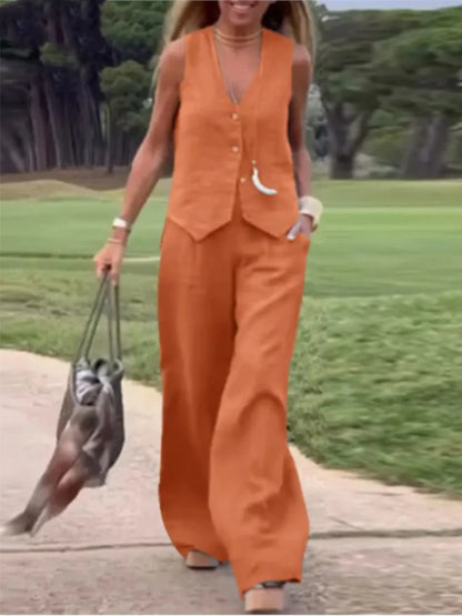 2025 Woman Elegant 2-Piece Pant Sets Casual Vest And Pants Sets Sleeveless Tops Suits 2pcs Outfits Wide Leg Trouser Sets