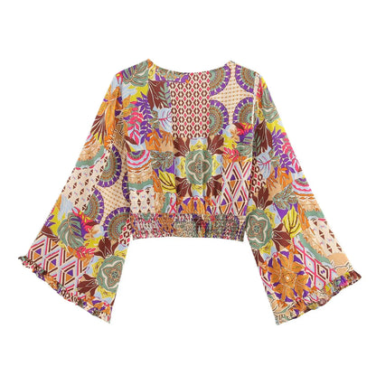 2025 New Women's Outfit Set Long Flared Pants with Drawstring Waist and V Neck Knot Front Crop Top Boho Print for Daily Wear