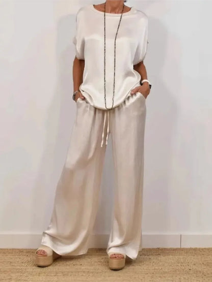 Sets For Women 2025 Summer Fashion Solid Color Satin 2 Piece Set O Neck Short Sleeve Top Pants Suit Casual Loose Outfits Female
