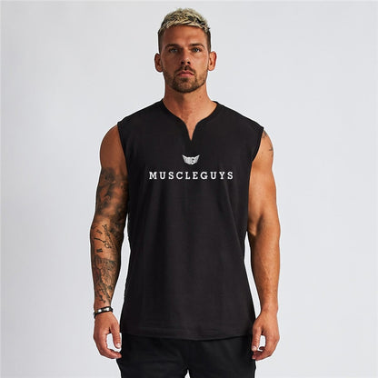 Muscleguys Brand Gym Clothing V Neck Compression Sleeveless Shirt Fitness Mens Tank Top Cotton Bodybuilding Tanktop Workout Vest