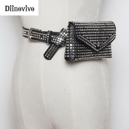 DIINOVIVO Trendy Rivets Waist Pack Luxury Designer Fanny Pack Small Women Waist Bag Phone Pouch Punk Belt Bag Purse