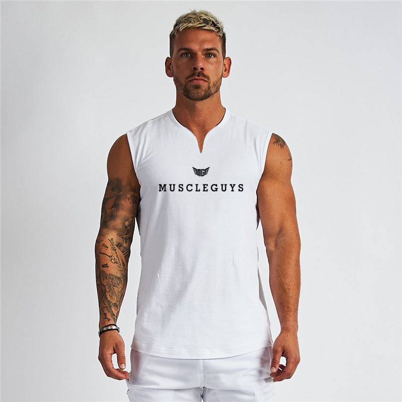 Muscleguys Brand Gym Clothing V Neck Compression Sleeveless Shirt Fitness Mens Tank Top Cotton Bodybuilding Tanktop Workout Vest