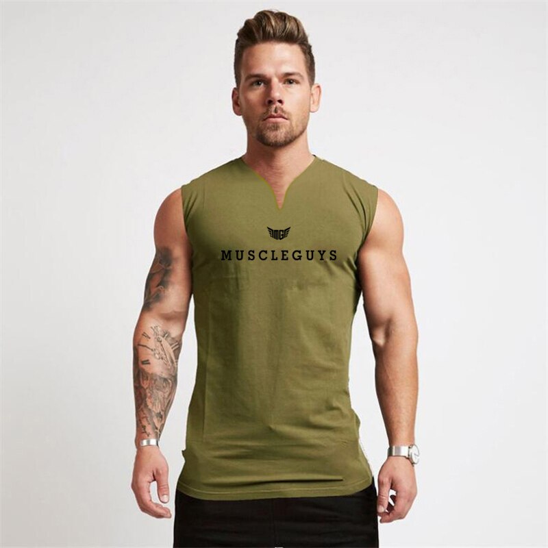 Muscleguys Brand Gym Clothing V Neck Compression Sleeveless Shirt Fitness Mens Tank Top Cotton Bodybuilding Tanktop Workout Vest