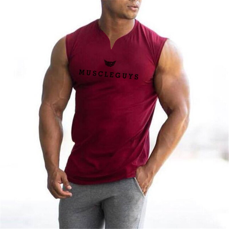 Muscleguys Brand Gym Clothing V Neck Compression Sleeveless Shirt Fitness Mens Tank Top Cotton Bodybuilding Tanktop Workout Vest