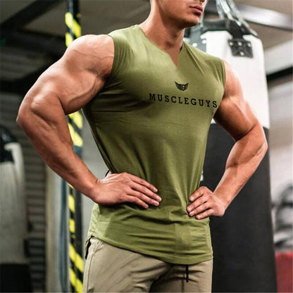 Muscleguys Brand Gym Clothing V Neck Compression Sleeveless Shirt Fitness Mens Tank Top Cotton Bodybuilding Tanktop Workout Vest