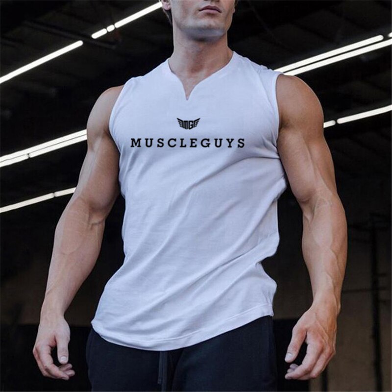 Muscleguys Brand Gym Clothing V Neck Compression Sleeveless Shirt Fitness Mens Tank Top Cotton Bodybuilding Tanktop Workout Vest