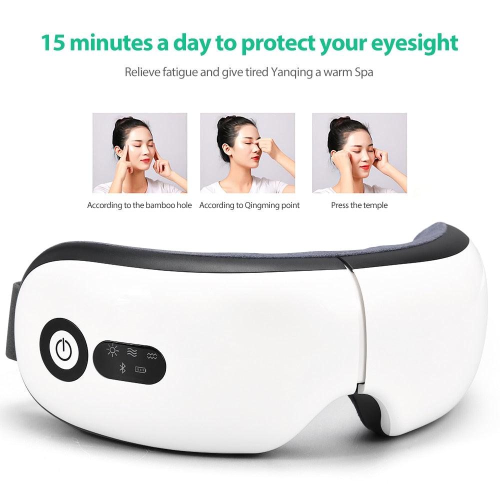 MJP Smart Eye Massager for Restrains Eyes, Migraines and Eye Bags combat with Heat Compression, Rechargeable and Bluetooth input.