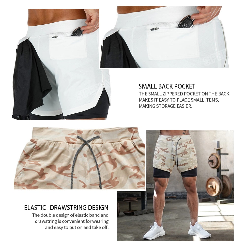 2022 Camo Running Shorts Men 2 In 1 Double-deck Quick Dry GYM Sport Shorts Fitness Jogging Workout Shorts Men Sports Short Pants